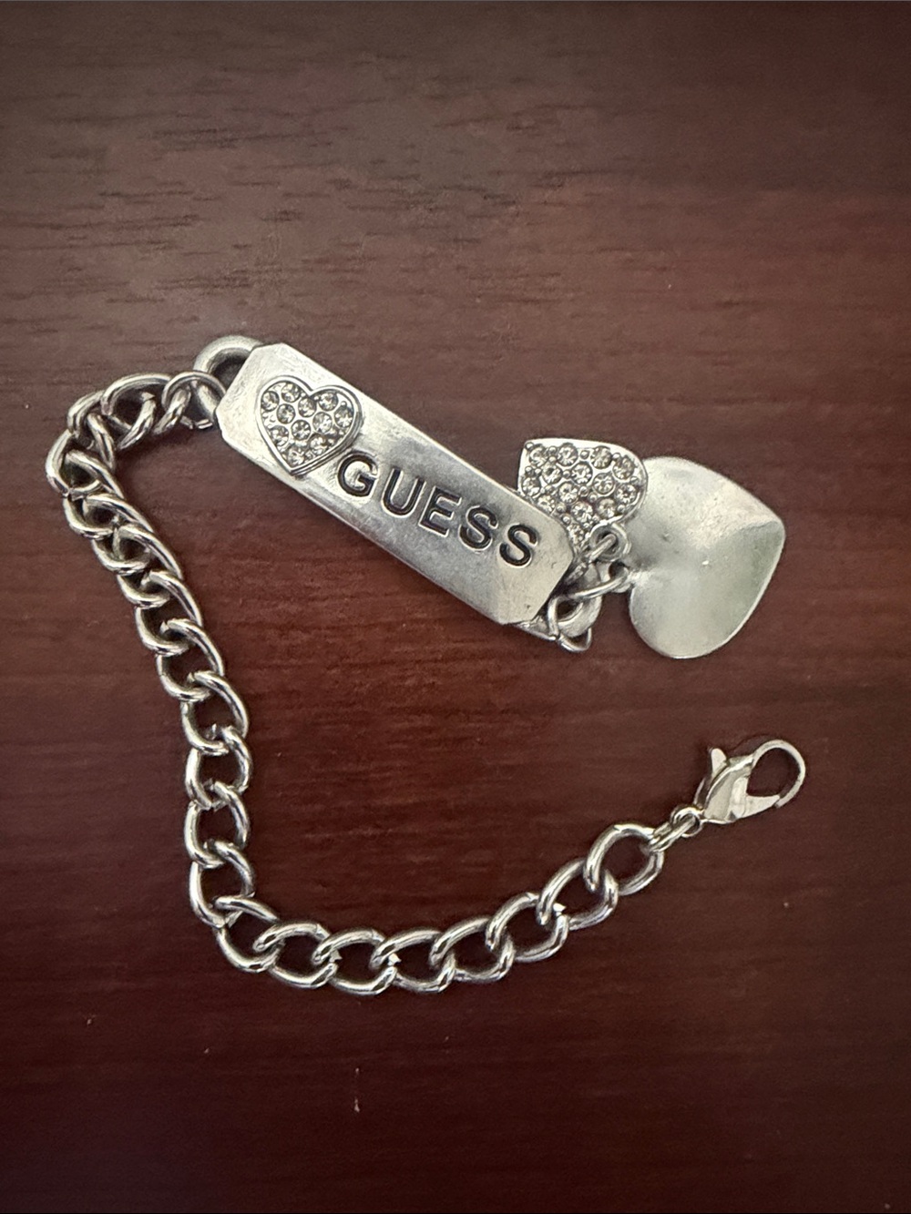 GUESS Silver-Tone Heart Charm Link Bracelet